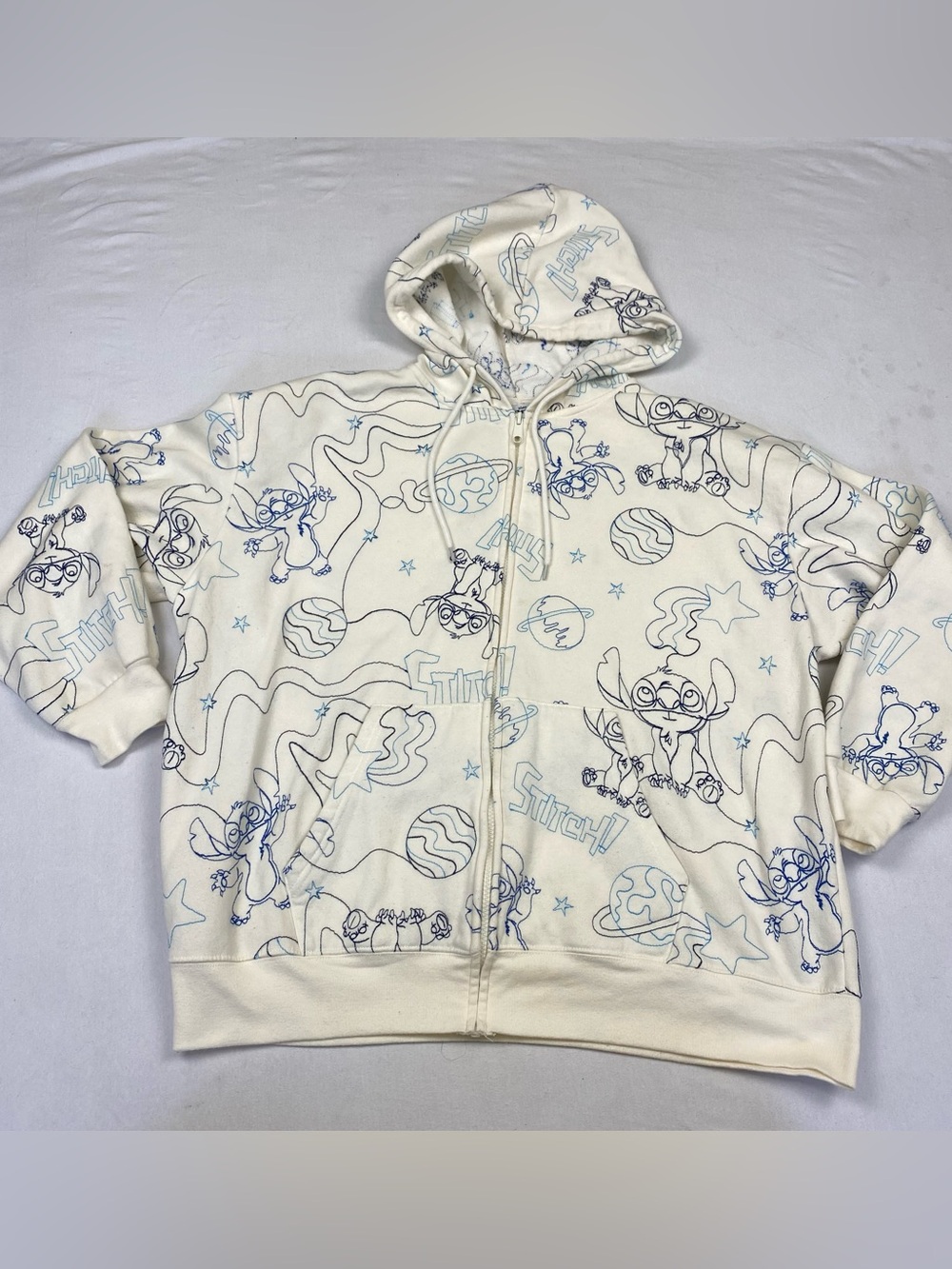 Cream Zip-Up Hoodie with Blue Stitch Print